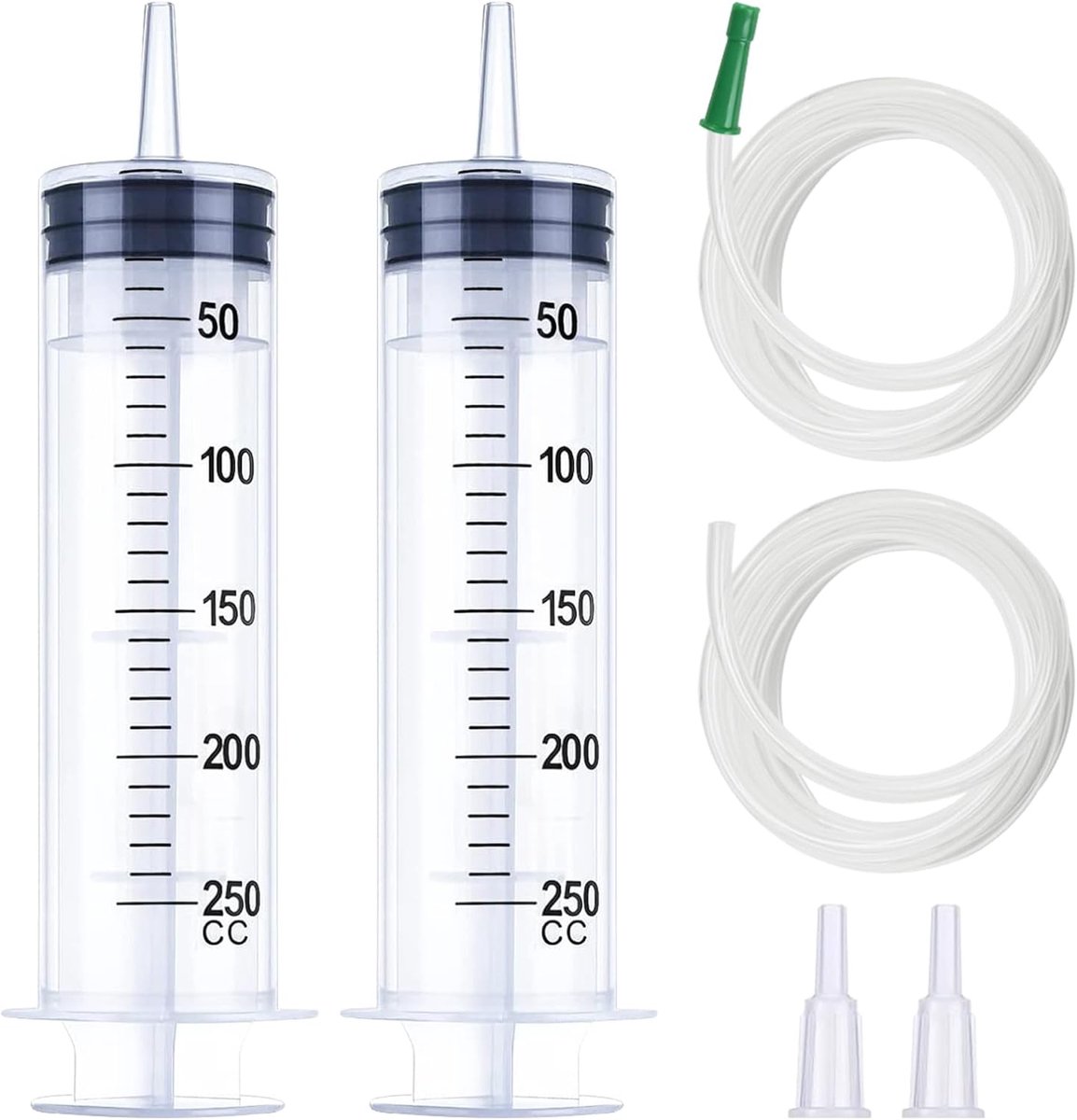 2 stuks 250 ml spuit, plastic, veelzijdige doseerspuiten, doseerspuit in individuele verpakking, herbruikbare vloeibare spuiten, kunststof spuiten met slang voor laboratorium, tuin, industrie