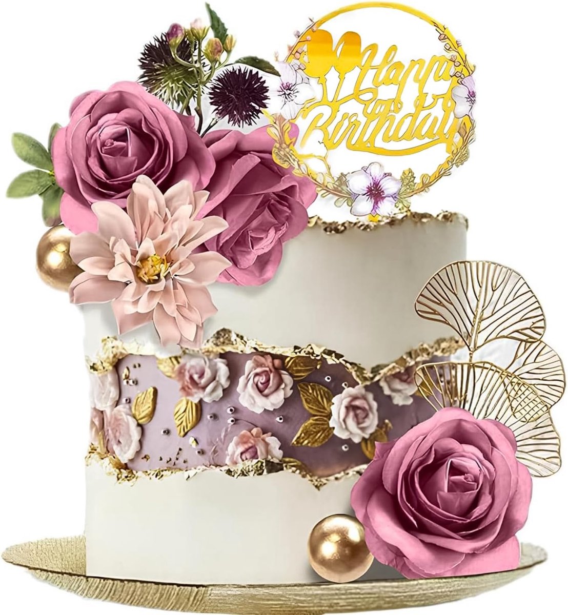 12 stuks bloementaartdecoraties, bloementaartopzetstukken, Happy Birthday-taartdecoraties, doe-het-zelf mooie verjaardagsfeest-taartdecoratie, kunstpaarse rozenblaadjes voor verjaardagsfeest