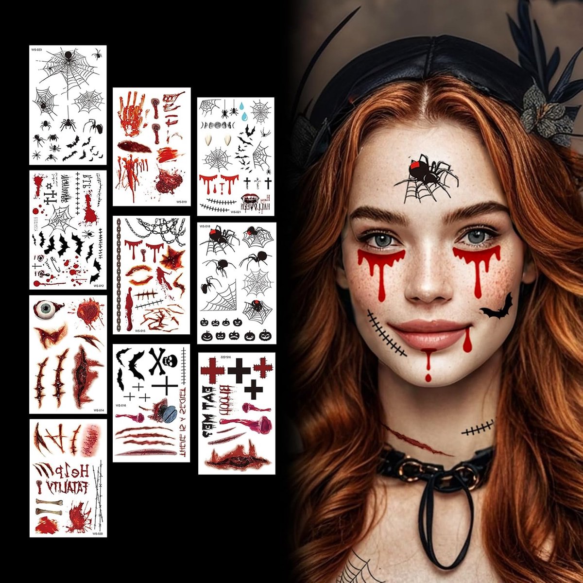 Tatoeages littekenmake-up voor volwassenen, 10 vellen Halloween carnavalskostuum gezichtsstickers, zombie, vampier, heksen, horror, littekens, wonden, griezelige gezichtstattoo, tattoo,