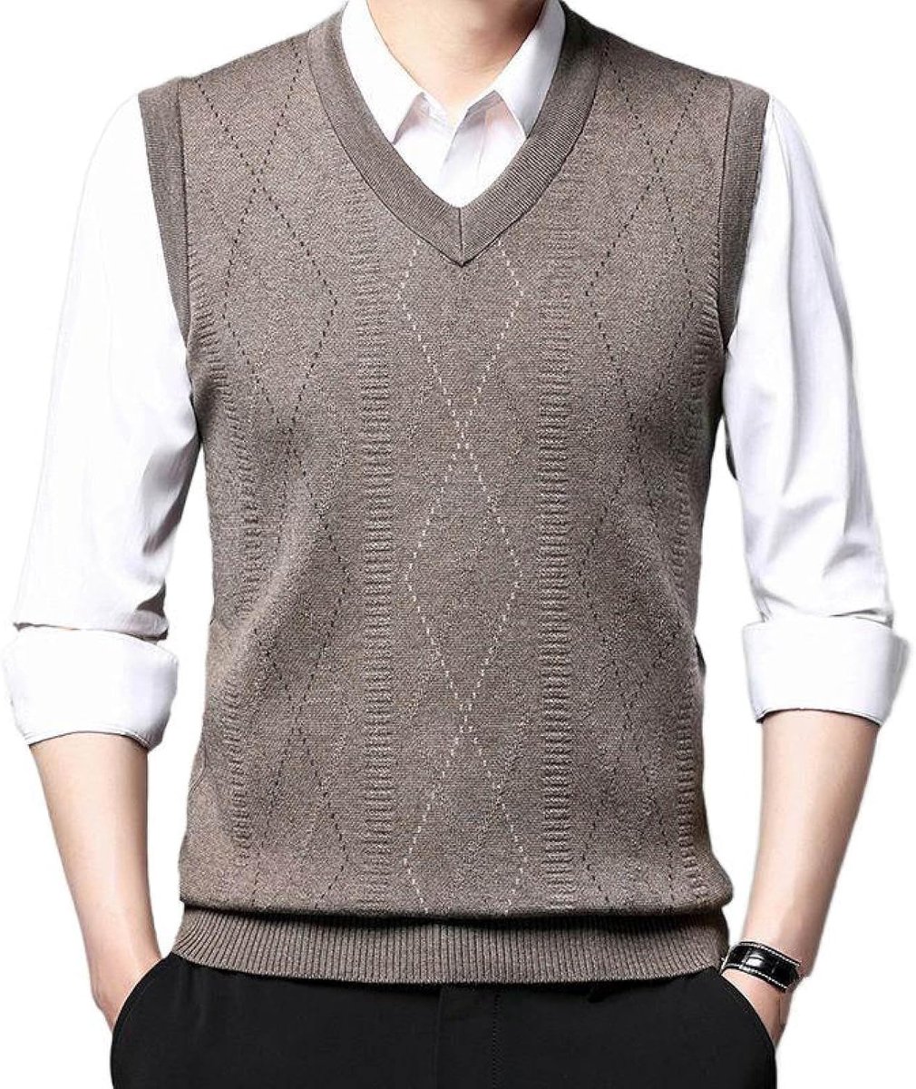 Argyle V-Hals Mouwloze Trui Trui, Herfst En Winter Heren Gebreide Trui Vest, Middelbare Leeftijd Kleur Bijpassende Verdikte Casual Heren Gebreide Trui Tanktops,Kaki,S
