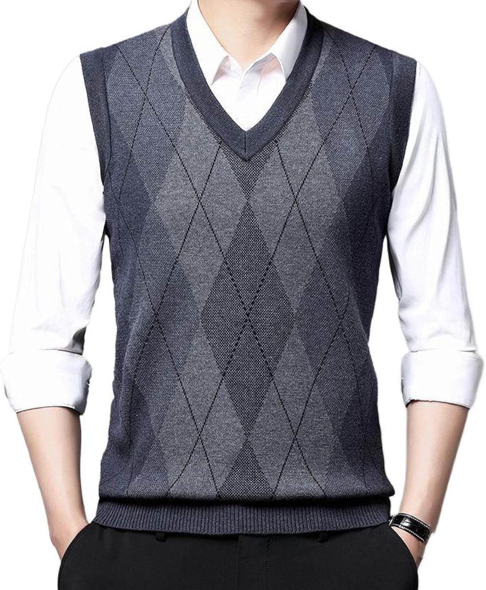 Argyle V-Hals Gebreid Vest, Klassiek Dikker Mouwloos Casual Pullover Trui Vest Kleurcontrast Dieptepunt Shirt, Zakelijk Heren Breigoed Gebreid Vest Trui Tanktops, Middengrijs, S