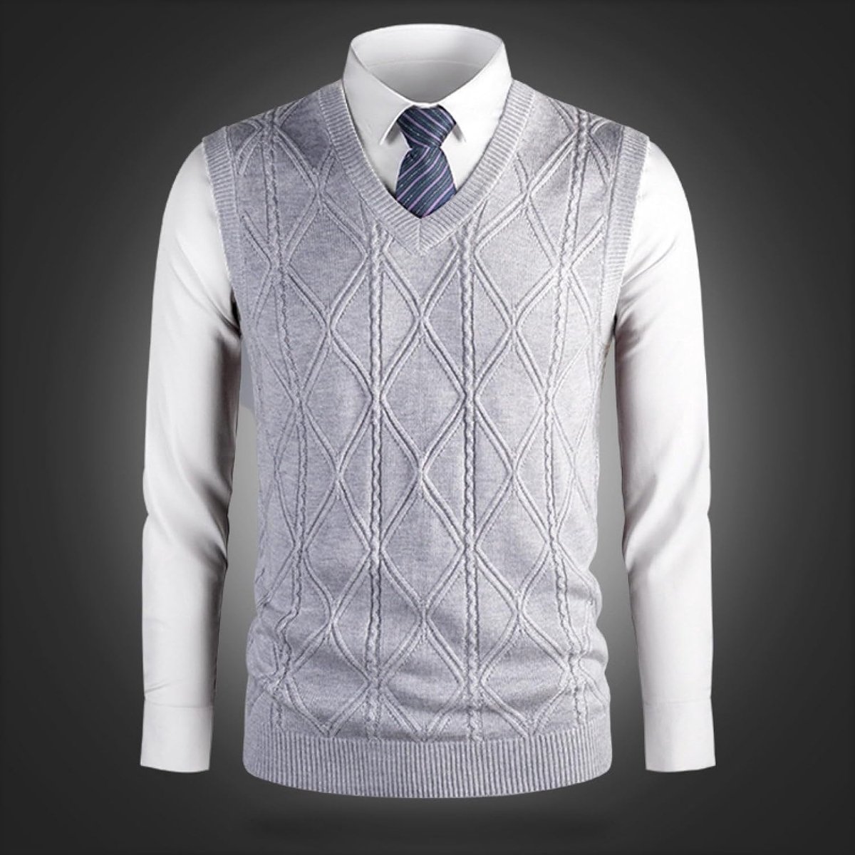 Kasjmier Gemengd Gewatteerd Gebreid Vest Met V-Hals, Klassiek Kleurblok Kabelgebreid Casual Mouwloos Vest Pullover, Zakelijk Heren Breigoed Gebreid Vest Trui Tanktops, Lichtgrijs, S