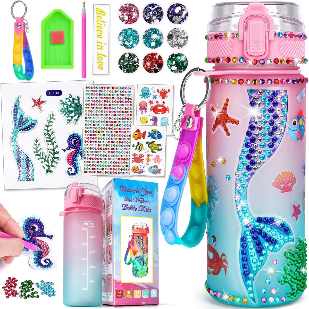 Knutselen voor meisjes van 5 tot 10 jaar: Cadeau voor meisjes van 4-12 jaar, knutselen, doe-het-zelf waterfles, zeemeermin, speelgoed tot 10 jaar, drinkfles, gepersonaliseerd, creatieve