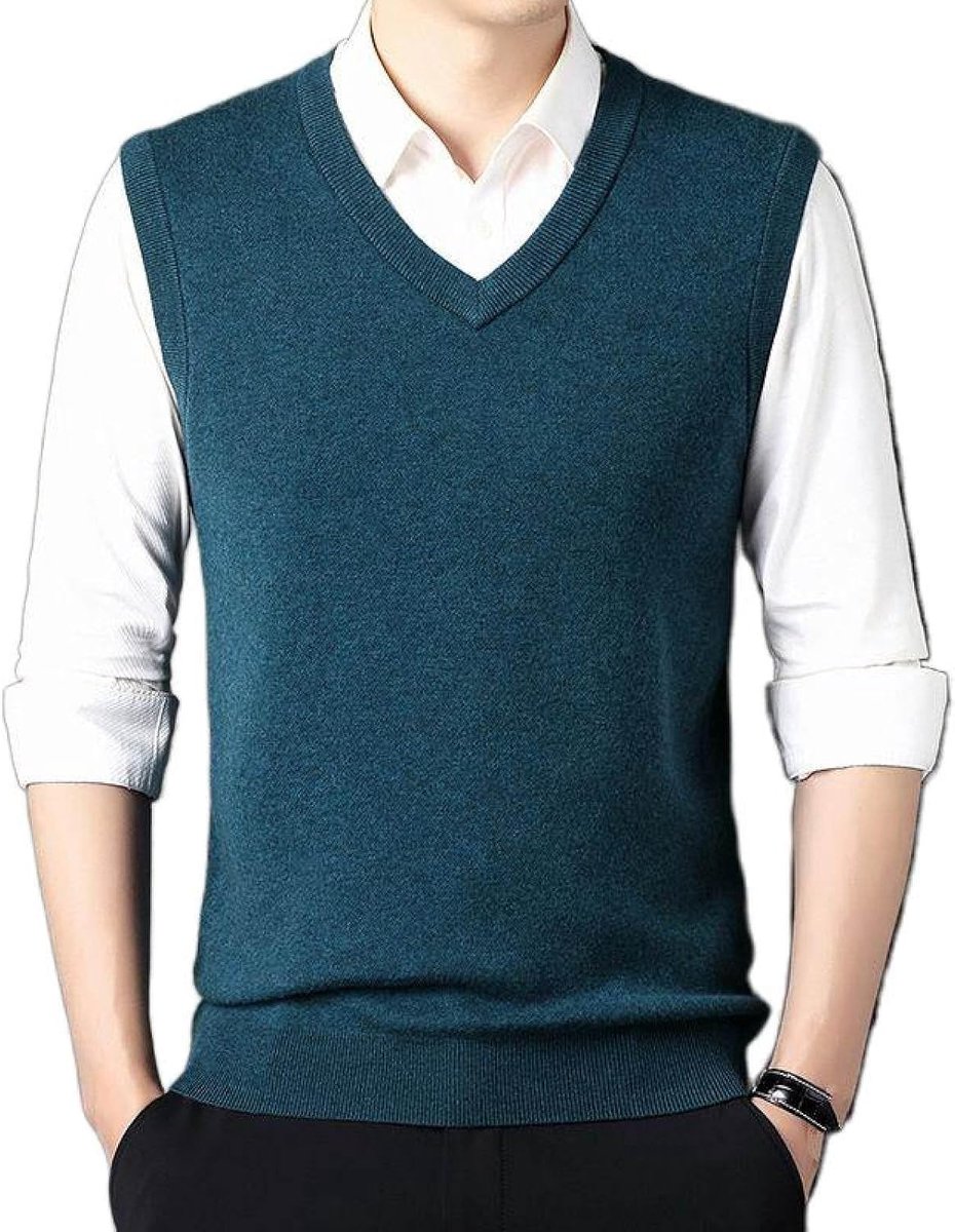 Jeugd Heren Vest Met V-Hals, Klassieke Slanke Mouwloze Trui Effen Kleur Mouwloos Gebreid Vest, Casual Zakelijk Heren Gebreide Vest Trui Tanktops, Blauw, S