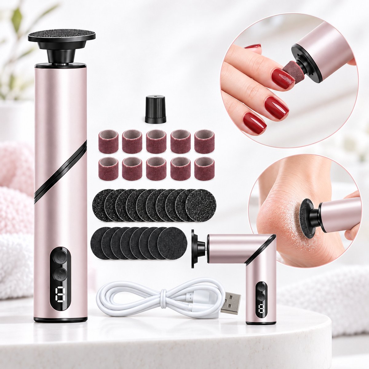 Namajunas 90° Opvouwbare Elektrische Eeltverwijderaar - 2-in-1 Voetvijl & Nagelvijl - 9 Snelheden - Oplaadbaar - Digitaal Display - 30 Schuuraccessoires - Roségoud