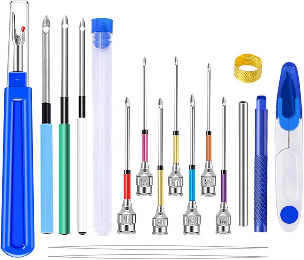 18 stuks Punch Needle Tool Kit voor Volwassenen Beginner, Punch Needling Set met Naald Threaders, Borduurnaalden, Antislip Handvat, Gewone Handvat, Garen Schaar, Naad Ripper, Borduurpen, Vingercot