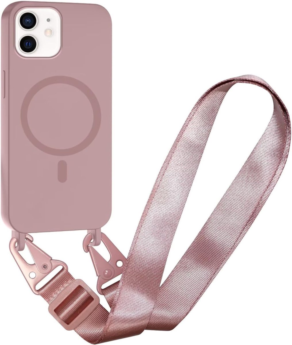 Compatibel met iPhone 12 Mini Draadloos opladen, Schokbestendige Verwijderbare Telefoon Case met Verstelbare Nekoord Ketting Zachte Cover voor iPhone 12 Mini, Zandroze