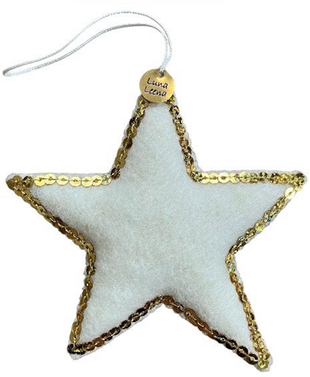 Luna-Leena duurzame ster hanger - creme en gouden pailletten - wol - handgemaakt in Nepal - star hanger - kersthanger - kerstster - kerstcadeau - kerstboom hanger - cadeau - kerst gift - kerstfeest - trouwfeest - kerstdecoratie