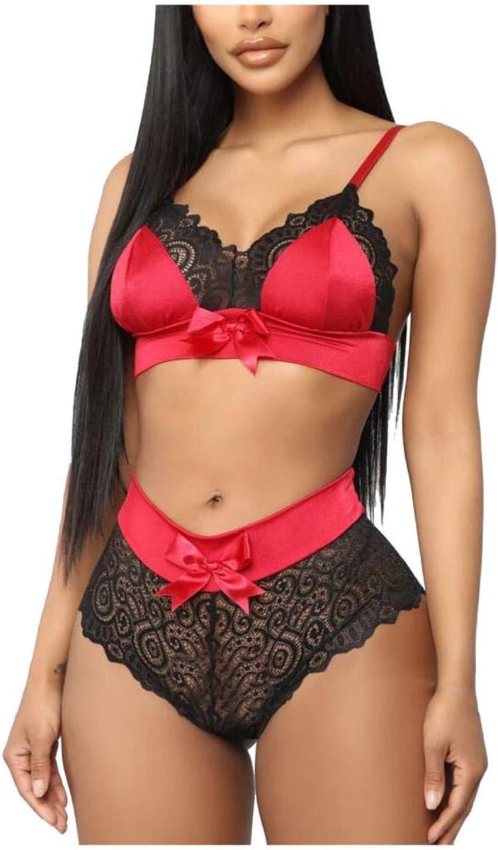 Lingerie Dameslingerie Sexy Naadloze Lingerie Vrouwen Strik Beha En Panty V-hals Erotisch Ondergoed Sets-Red_S