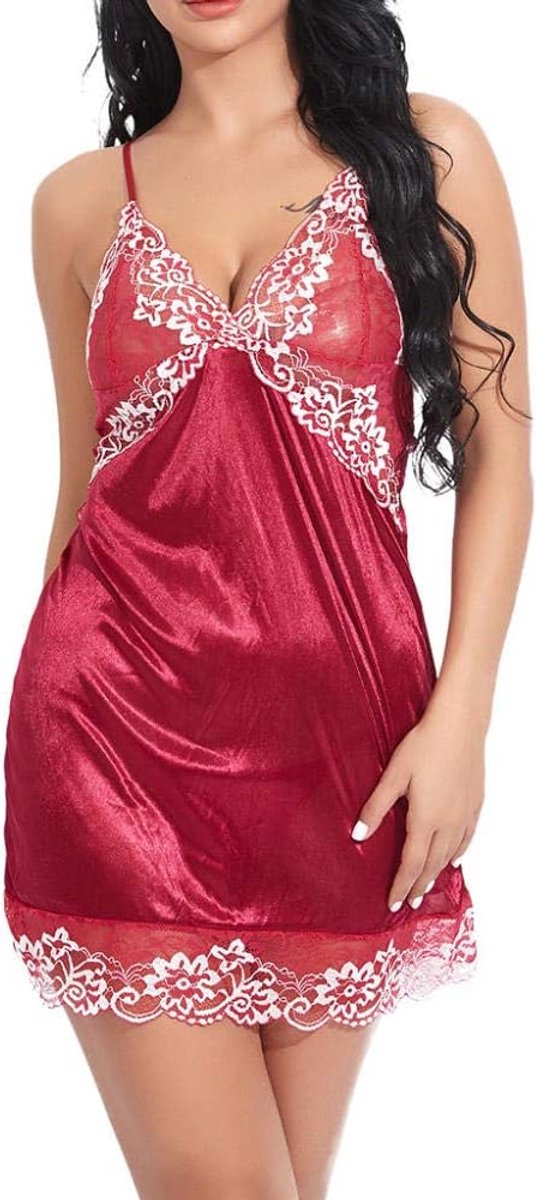 Sets met nachtmode & ochtendjas Dameskostuums Sexy Lingerie Halter Diepe V Kanten Beha Nachtkleding Temptation Dames Nachtkleding-Red_XXL