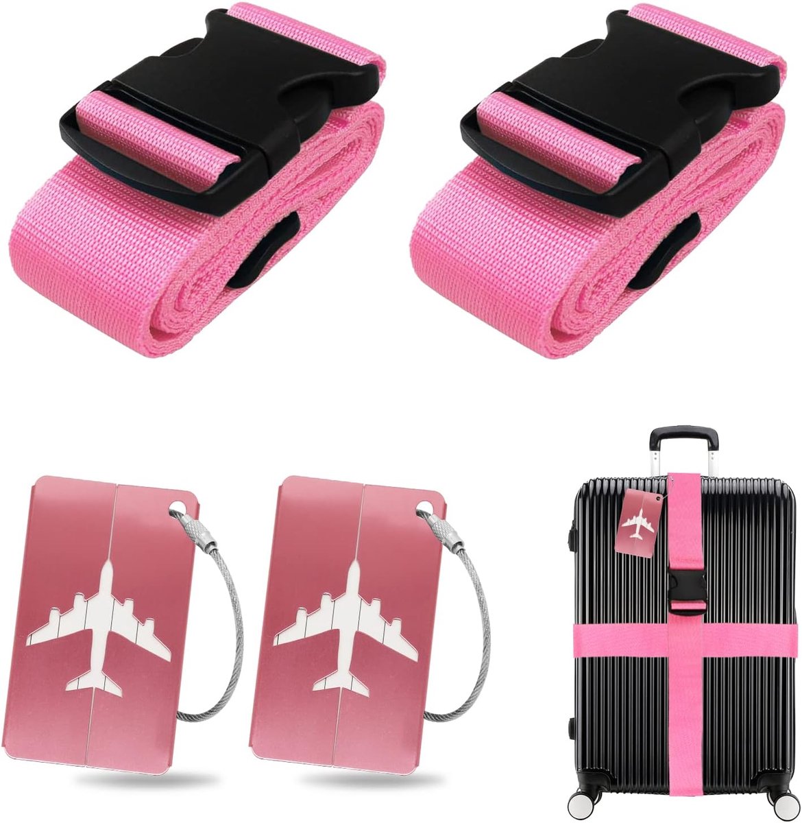 Kofferlabels set, 2 stuks bagageband met 2 stuks bagagelabels set, kofferband riem gepersonaliseerde identificatie voor snel herkennen bagage reistas koffer (roze)