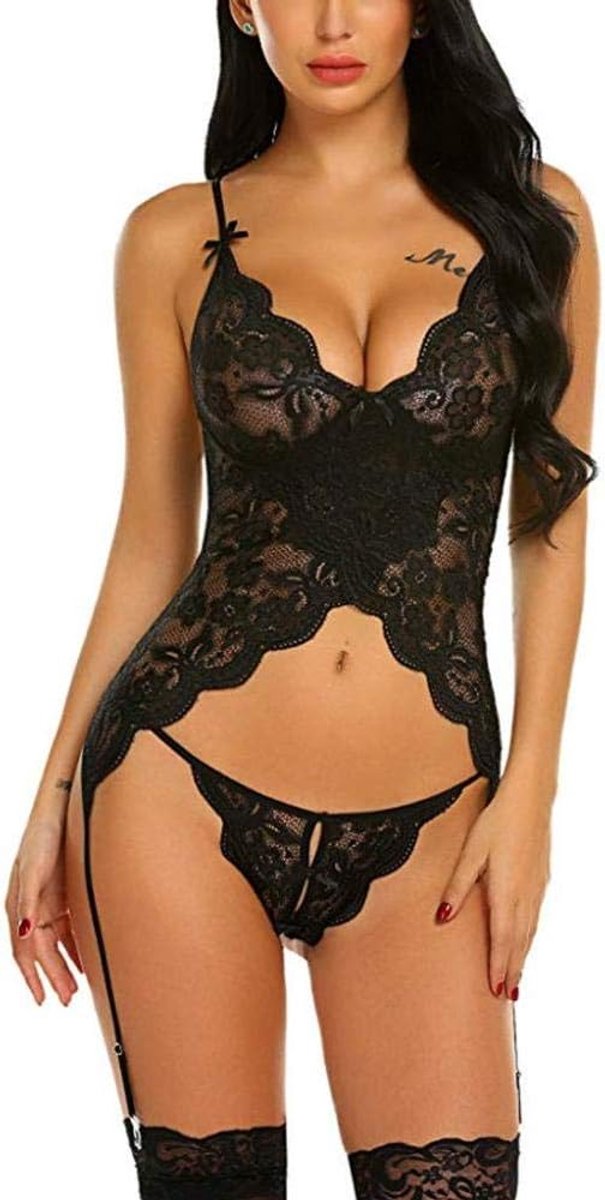 Dameskleding Sexy Lingerie Dames Ondergoed Set Transparant Kant Thong Kousenband Kostuums-Black_S