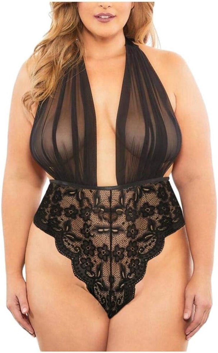 Dames Lingerie Diepe V-hals Halter Backless Nachtkleding Doorzichtig Erotisch Ondergoed-Black_3XL