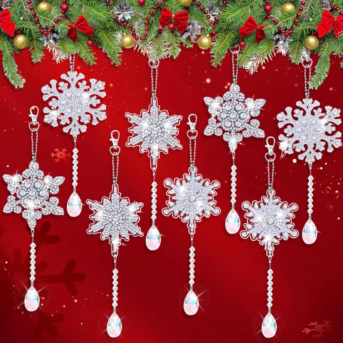 8 stuks Diamond Painting kersthangers, sneeuwvlokken, diamond painting sleutelhanger, dubbelzijdig, doe-het-zelf 5D diamantschilderij, cadeauhangers, kerstboomhangers voor volwassenen, uniseks (8)