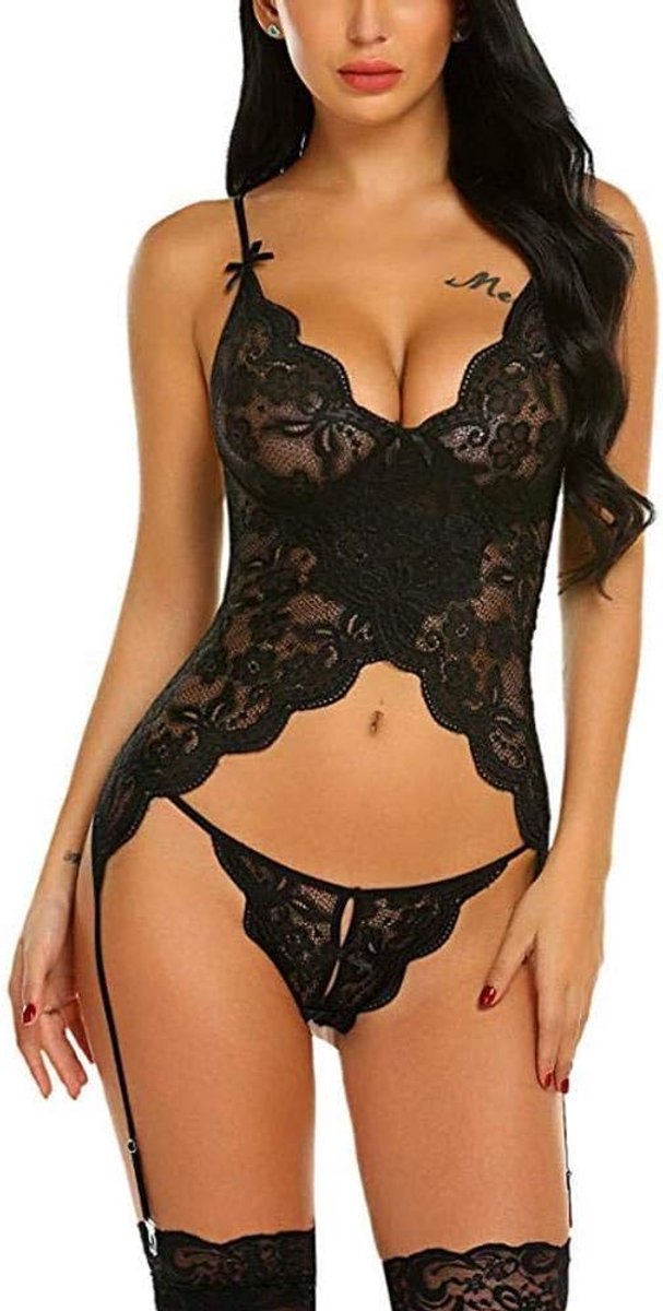 Lingerie voor dames V-hals transparante lingerie met jarretelgordel lingerie bodysuitDames Ondergoed Set Lingerie Set dame Kanten V-hals Bodysuit Ondergoed String Met Kousenband Lingerie Set-Black_XL