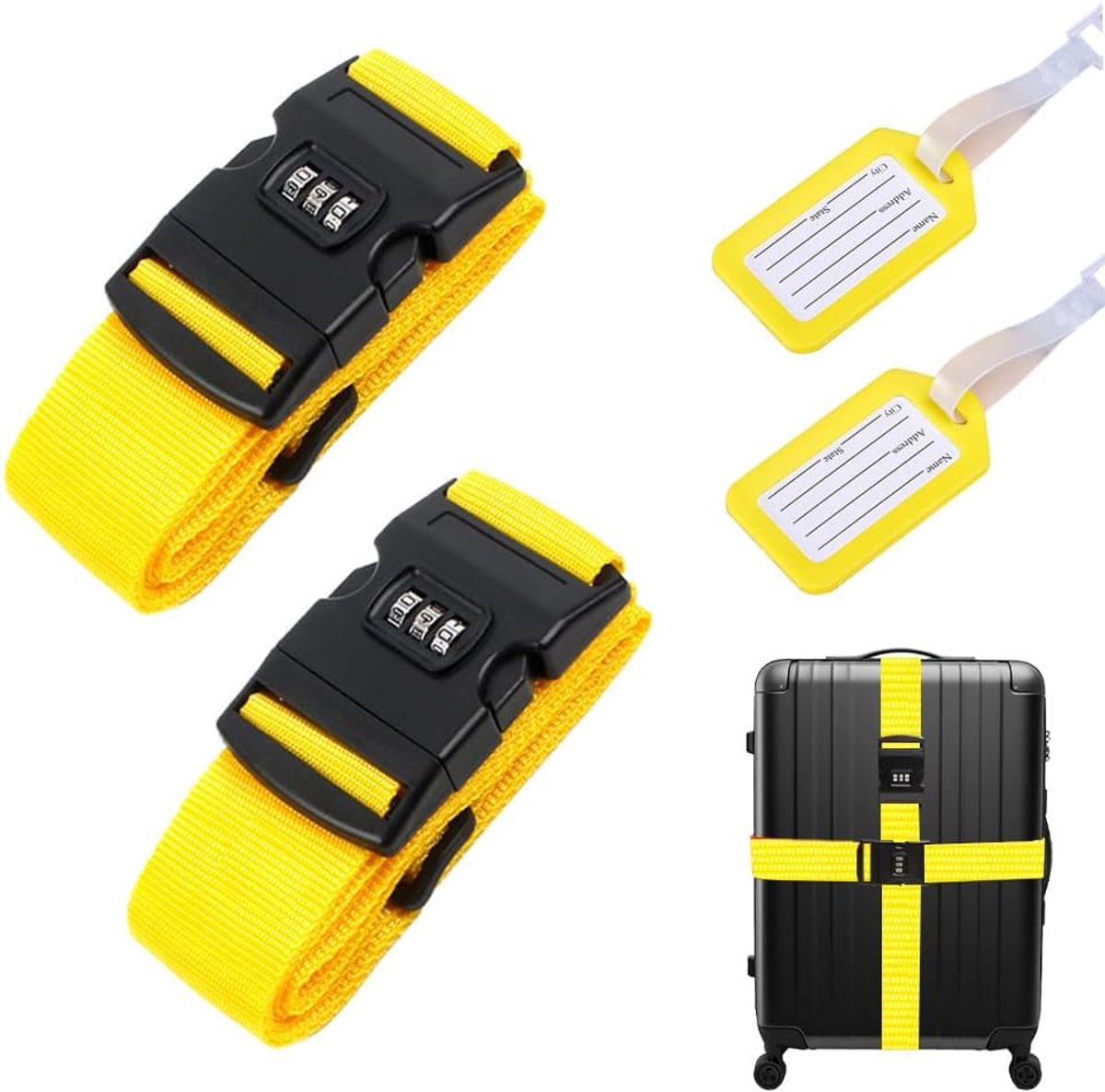 2 stuks kofferband met slot, kofferband opvallend, duurzame riem met hoge dichtheid, bagage riem ideaal over kruis, incl. 2 naamplaatjes, geel (kleur)