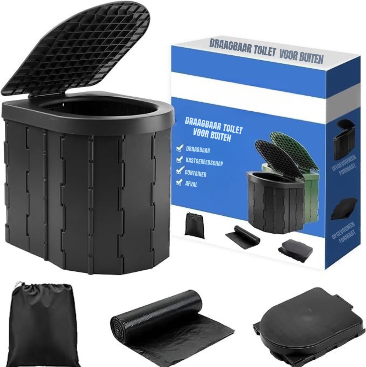 Kavo Camping Toilet - Draagbare Toiletemmer met Deksel en Draagbeuge - Toiletemmer voor Camping, Camper en Noodgevallen - Zwart - 29cm x 27cm x 31cm