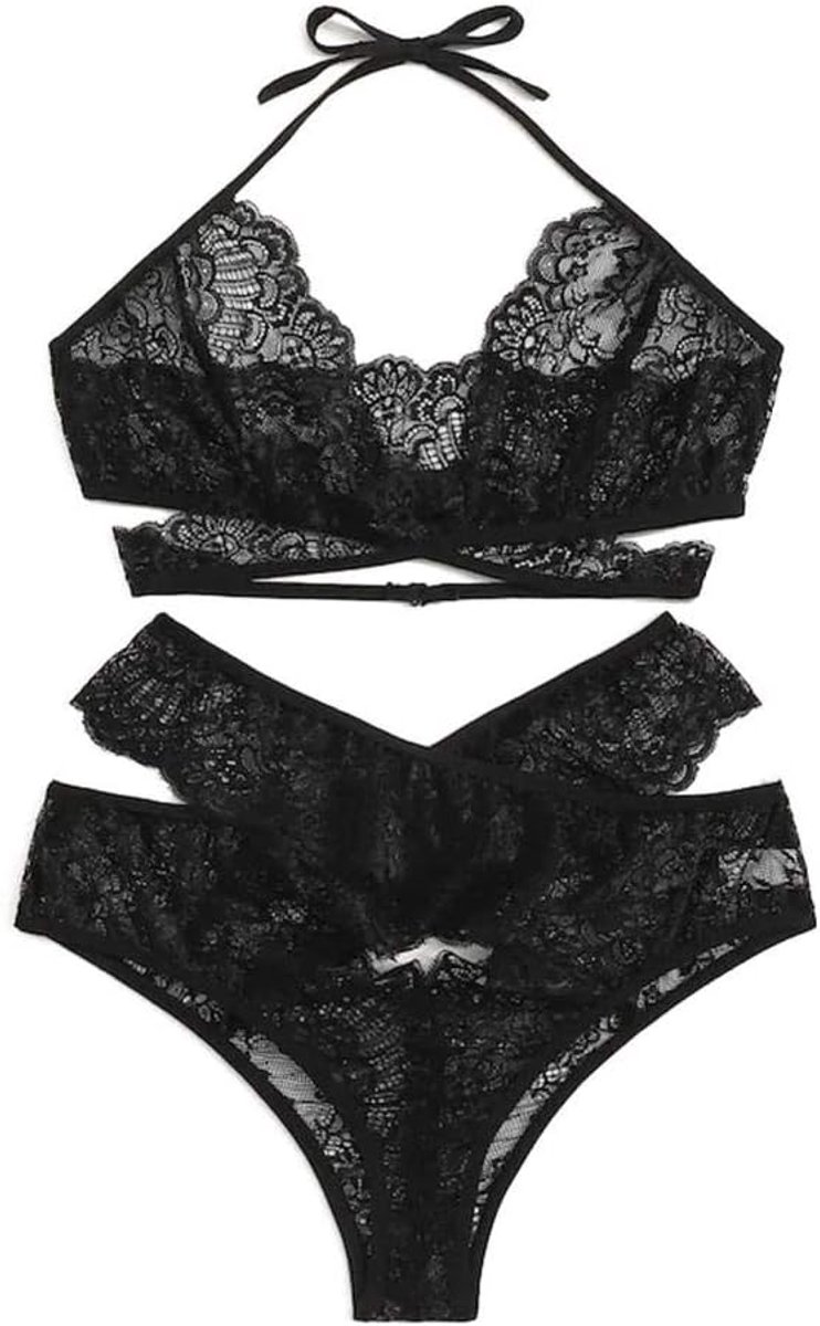 Sexy Lingerie Vrouwen Erotisch Kostuum Hol Kant Draadloze Beha String Ondergoed Porno Temptation Nachtkleding-Black_S