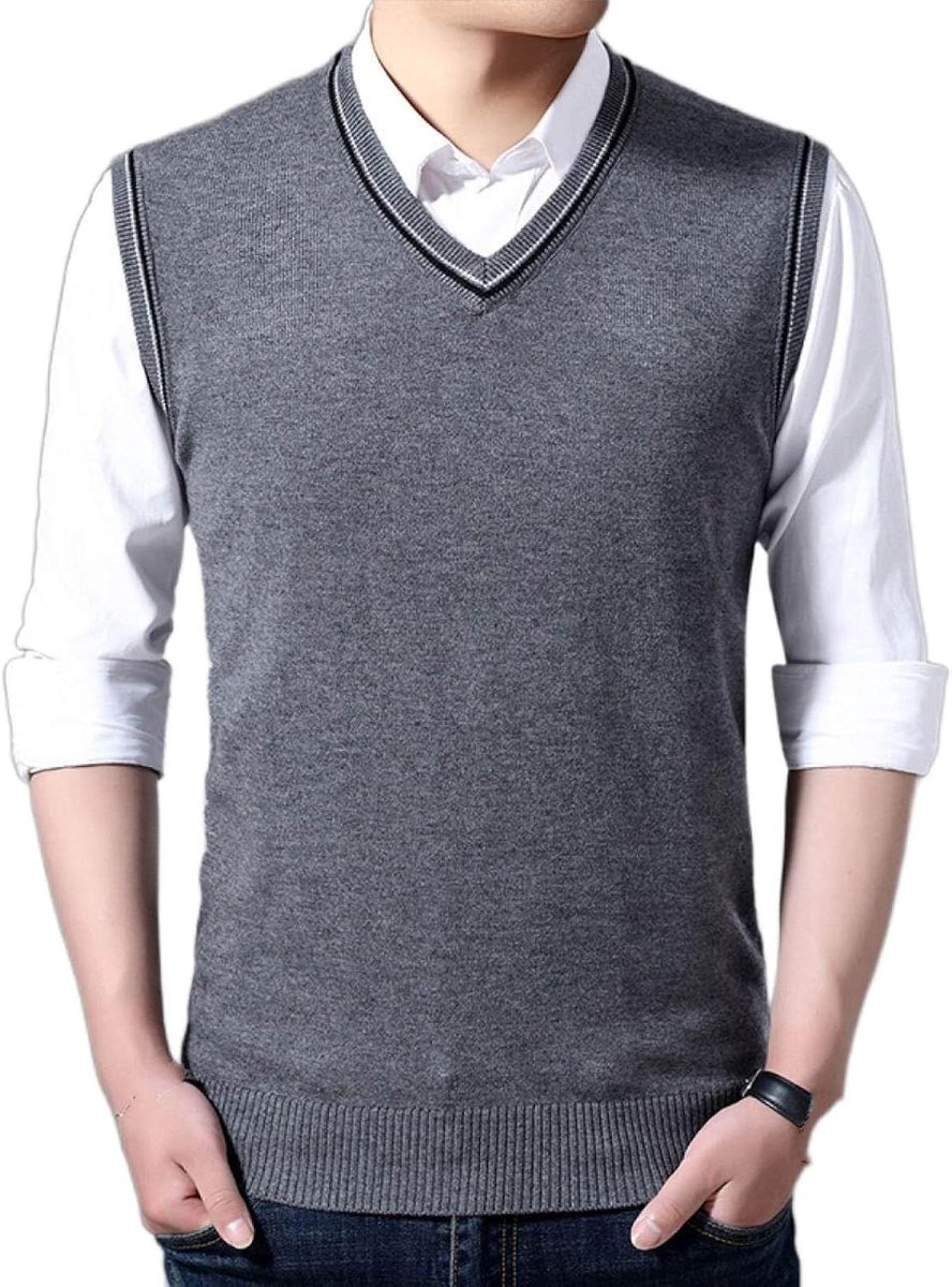 Kasjmier Vest Met V-Hals, Winter Contrasterende Kleuren Mouwloos Gebreid Vest Pullover Trui Vest, Klassiek Zakelijk Heren Gebreid Vest Trui Tanktops, Middengrijs, S