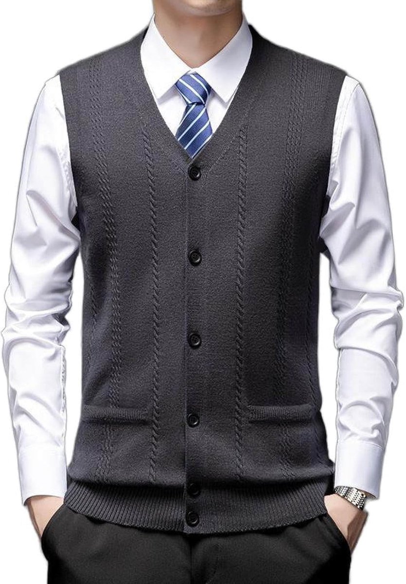 Vest Voor Heren Met V-Hals, Jeugdmode Jacquard Gebreid Vest Bovenkleding Casual Trendy Trui, Klassieke Zakelijke Heren Gebreide Vest Trui Vest Tanktops,Donkergrijs,S