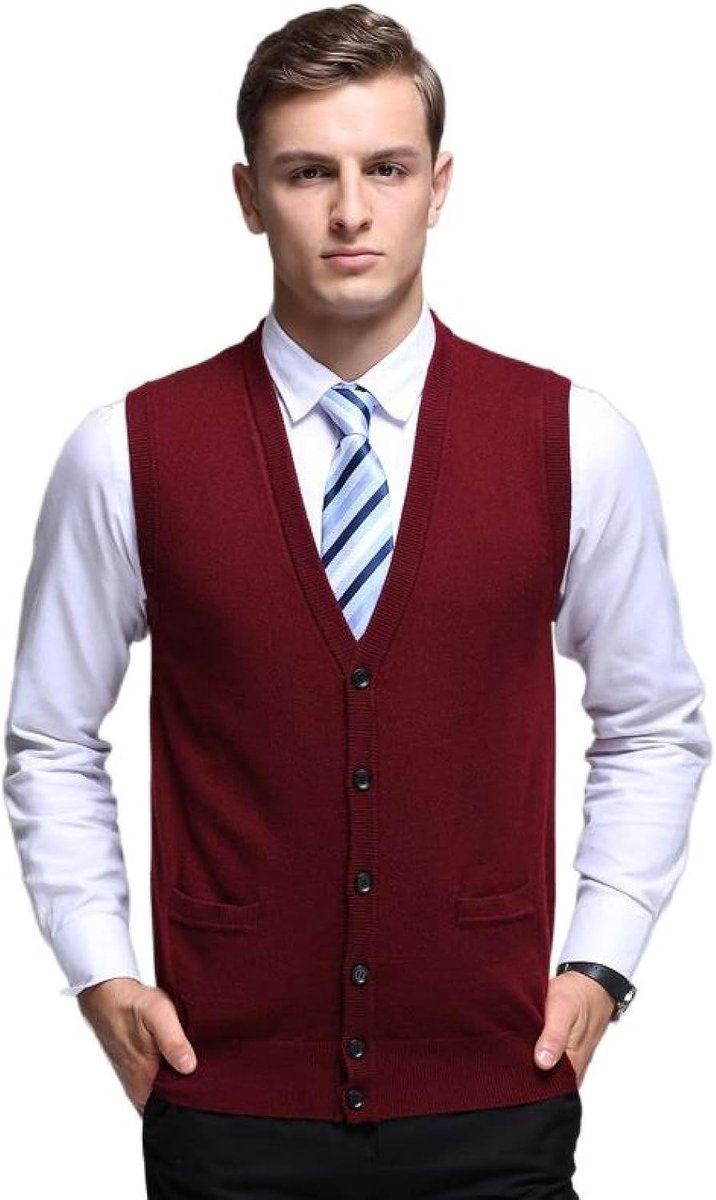 Gebreid Vest, Jeugdmode Mouwloos Heren Vest Vest Bovenkleding Casual Trendy Trui, Klassiek Zakelijk Heren Breigoed Gebreid Vest Trui Vest Tanktops,Wijnrood,S