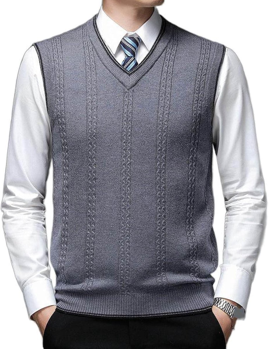 Vest Voor Heren Met V-Hals, Klassiek Gebreid Vest Met Kabel In Contrasterende Kleuren, Casual Gebreid Vest Met Dieptepunt, Klassiek Zakelijk Herengebreid Vest, Trui-Tanktops, Midden