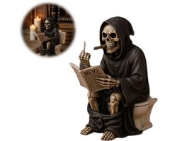 Middelvinger-schedelbeeldje van de Magere Hein – Skelet op het toilet – Bureau-ornament – Halloween-decoratie – Gemaakt van kunsthars – Zwarte humor – Geschikt voor woonkamer of kantoor