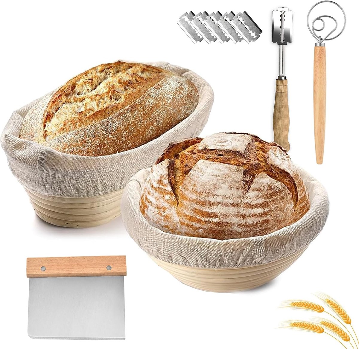 Cm rond en 21 cm ovaal Rijsmandje Ovaal,Broodmand en Complete Bakaccessoires,Broodbakaccessoires,Kookmand,Broodset,Geweldig Cadeau voor Beginners en Ervaren