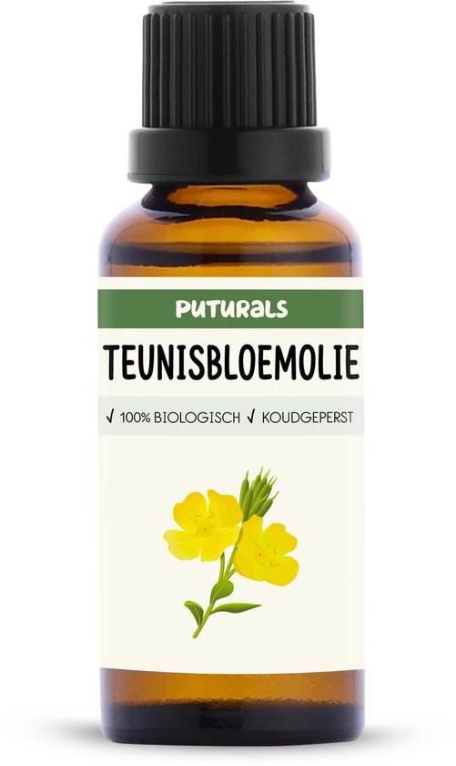 Bruine fles met zwart dopje, etiket met 'PUTURALS TEUNISBLOEMOLIE' en gele bloemen.