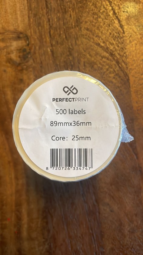 Rol PerfectPrint etiketten, 500 stuks van 89x36mm, 25mm kern, met barcode op witte verpakking.