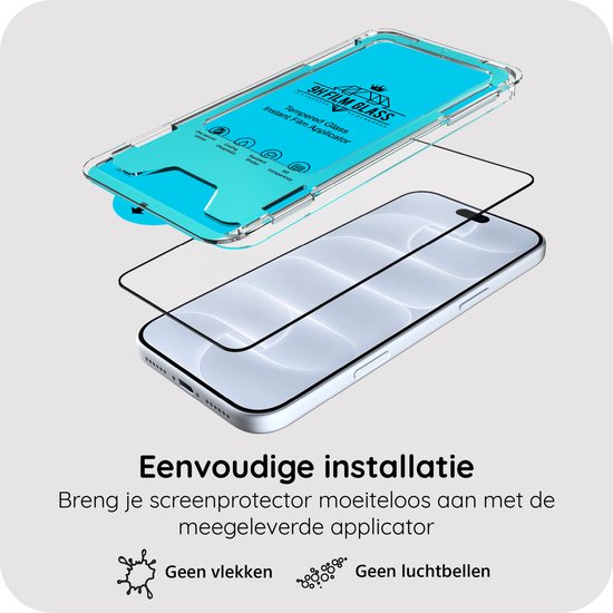 Screenprotector met applicator voor eenvoudige installatie zonder vlekken of luchtbellen.