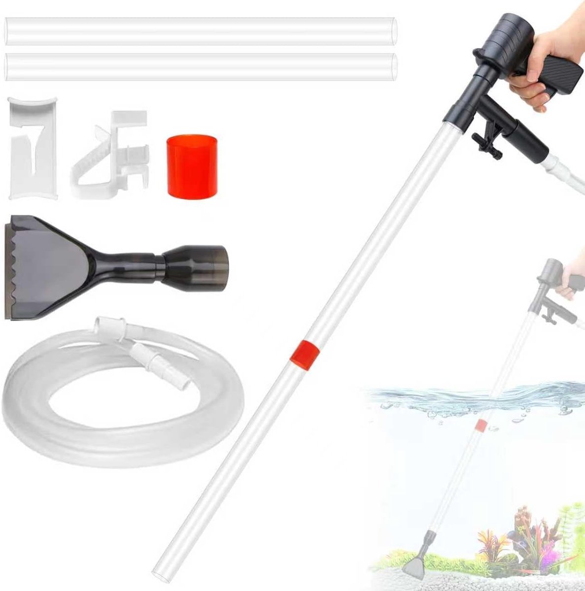 SnelShoppen - 4-in-1 Aquarium Mulm Vacuum Cleaner Set - Waterverversing, Vuilverwijdering, Zandreiniging en Glazenreiniger - Handpomp met Slangklem vo