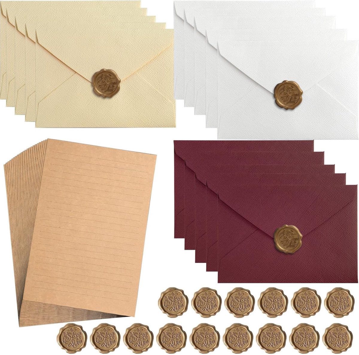 Briefpapier met envelop, 60 stuks set vintage schrijven met 15 enveloppen zonder venster, 30 A5 briefpapier, 15 - ShopVlot