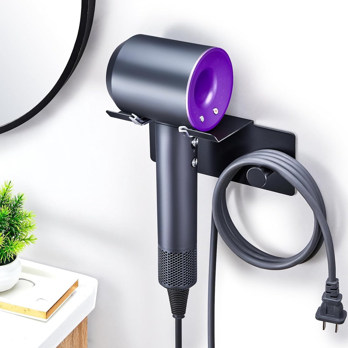 SnelShoppen - Hair Dryer Holder No Drilling - Wandbevestiging voor Föhn - RVS, Zelfklevend, Water- en Roestbestendig - Moderne Badkamer Accessoire (Zw