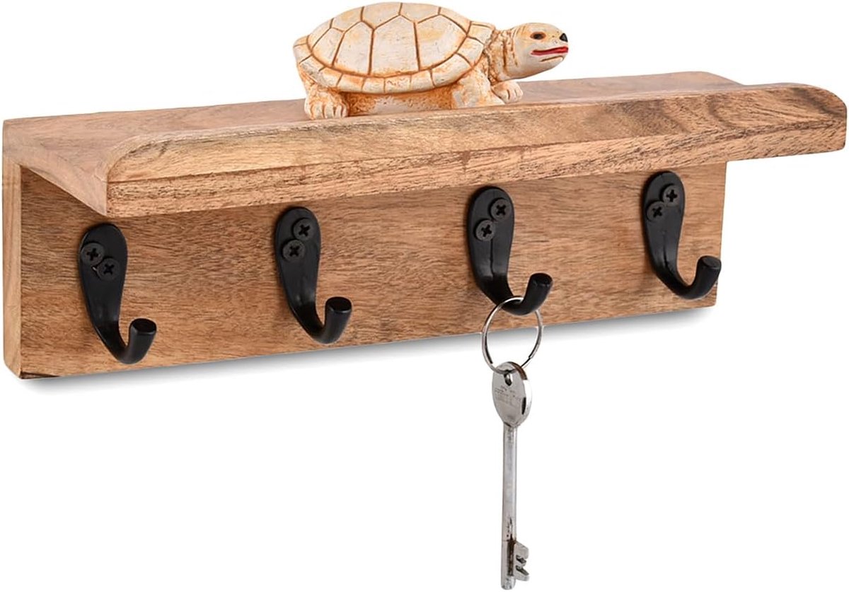 Acacia Wood Rustic Key Holder for Wall, Farmhouse Wall Shelf with 4 Hooks for Entrance Farm Kitchen (10 in x 8.9 mm x - ShopVlot