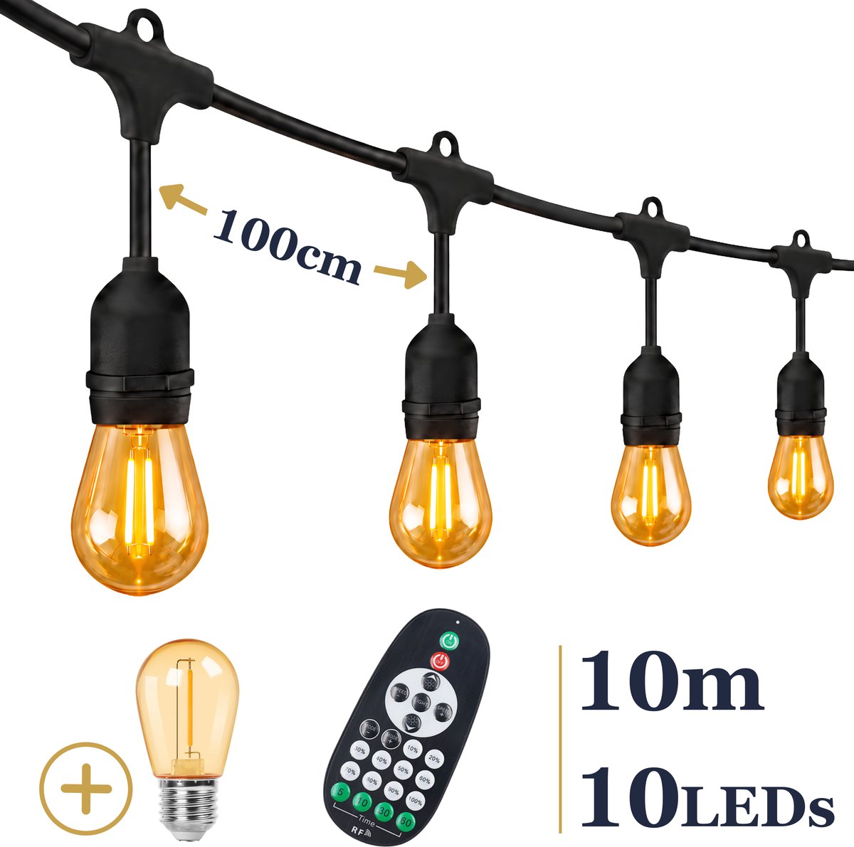 Odaily S14 Lichtsnoer 10m - 10 LEDs Amber - IP65 - Extra Warm Wit Licht - Dimbaar - Premium Kwaliteit