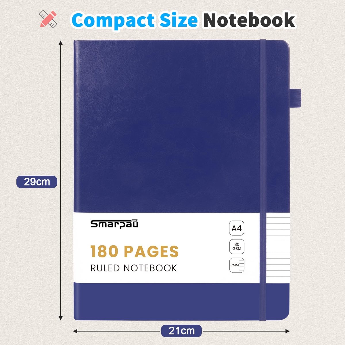 Smarpau Notitieboek A4, hardcover, gelinieerd notitieboek met 180 pagina's, premium 80 g/m² inktbestendig dik papier - ShopVlot
