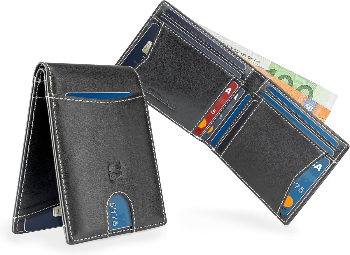 SERASAR Premium Men's Wallet [Clever] Black Leather RFID 11 Card Slots - ShopVlot