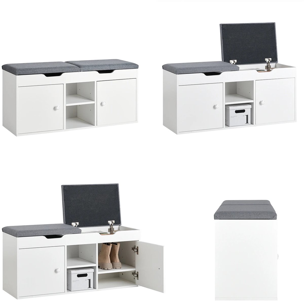 Heidat schoenenkast - Schoenenbank met opbergruimte - Met afneembaar zitje - 3 legplanken en 2 deuren - Wit - 100x48x34 cm