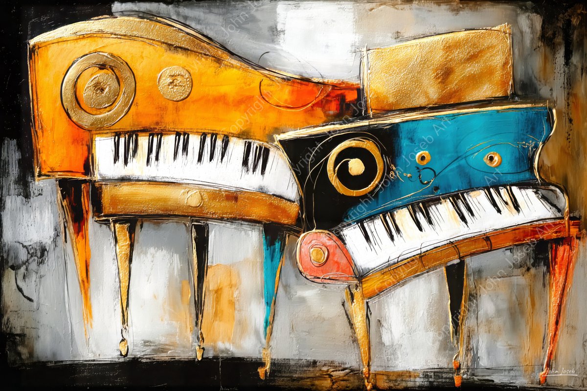John Joseb Art (Aluminium) 90x60 | 2 Piano, artistiek abstract, kleurrijk, muziek, kunst | piano muziekinstrument, goud, rood, bruin, blauw, modern | foto-schilderij op dibond, metaal wanddecoratie Aluminium, dikte 3 mm
