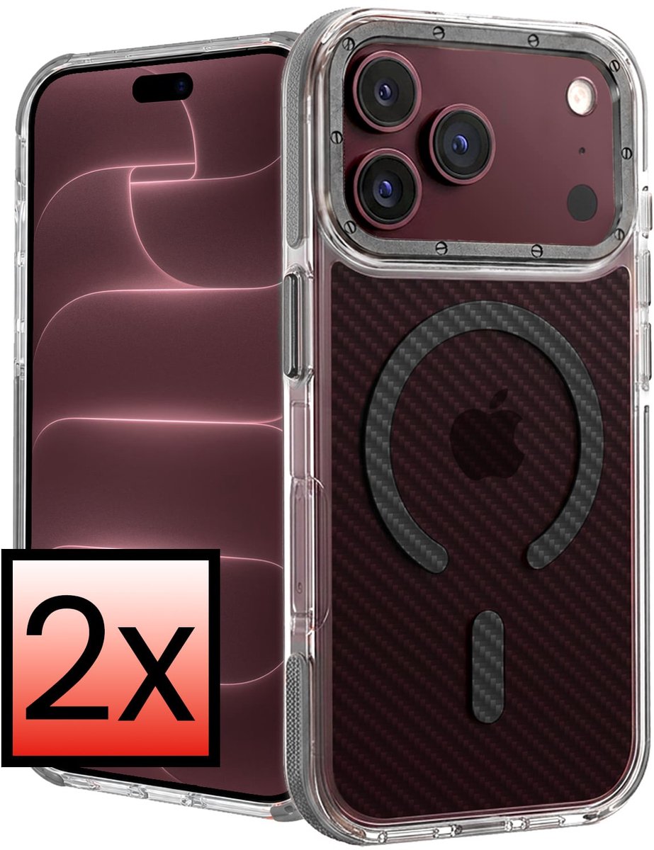 Hoesje - 2 Stuks - Geschikt voor Apple iPhone 18 Pro - Magsafe Compatible - Carbon Look - Sterk & Shockproof - Back Cover - Shock Proof Case - Telefoon Hoes - Grijs