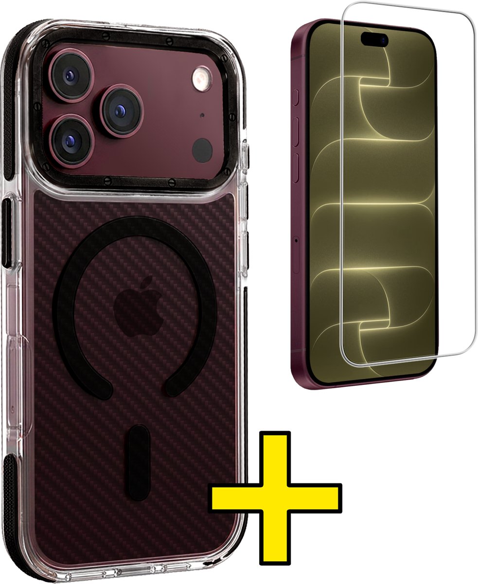 Hoesje - Met Screenprotector - Geschikt voor Apple iPhone 18 Pro Max - Magsafe Compatible - Carbon Look - Sterk & Shockproof - Back Cover - Shock Proof Case - Telefoon Hoes - Telefoonhoesjes - Zwart
