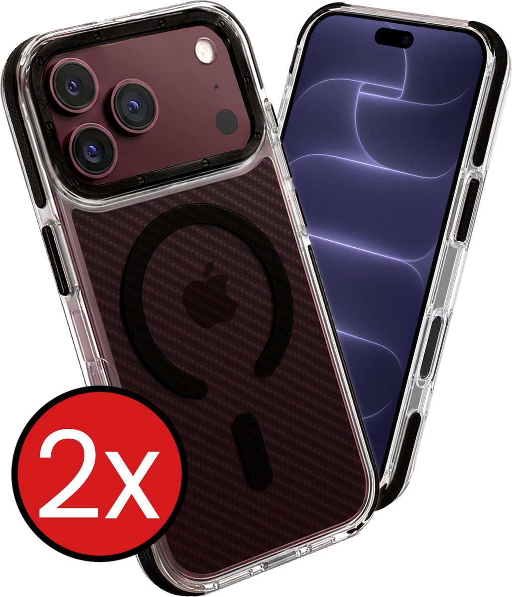 Hoesje - 2 Stuks - Geschikt voor Apple iPhone 18 Pro Max - Magsafe Compatible - Carbon Look - Sterk & Shockproof - Shock Proof Case - Back Cover - Telefoon Hoes - Telefoonhoes - Zwart