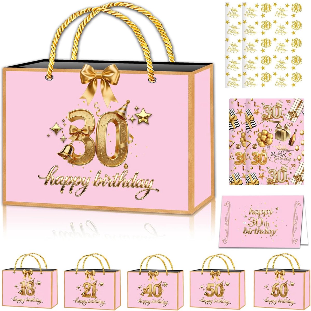 Cadeaupapier set - roségoud - geschenkzakje, wenskaart, glanzend papier & lint - perfect voor verjaardag - ShopVlot