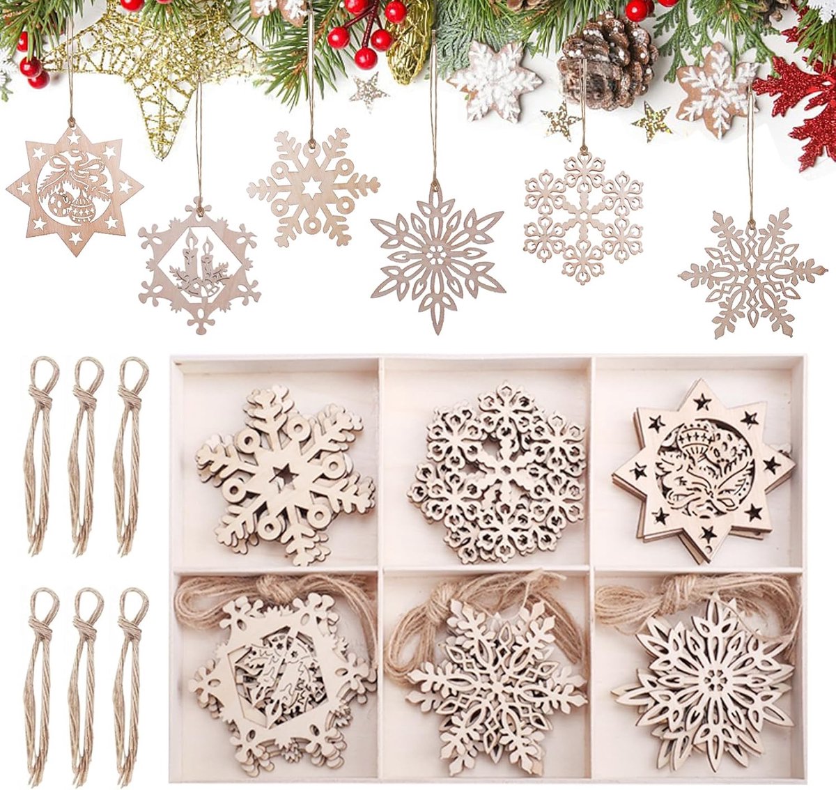 Christmas Tree Decorations Set of 30 Snowflakes Decoration Wooden Christmas Pendants 8 cm Wooden Pendant Christmas - ShopVlot