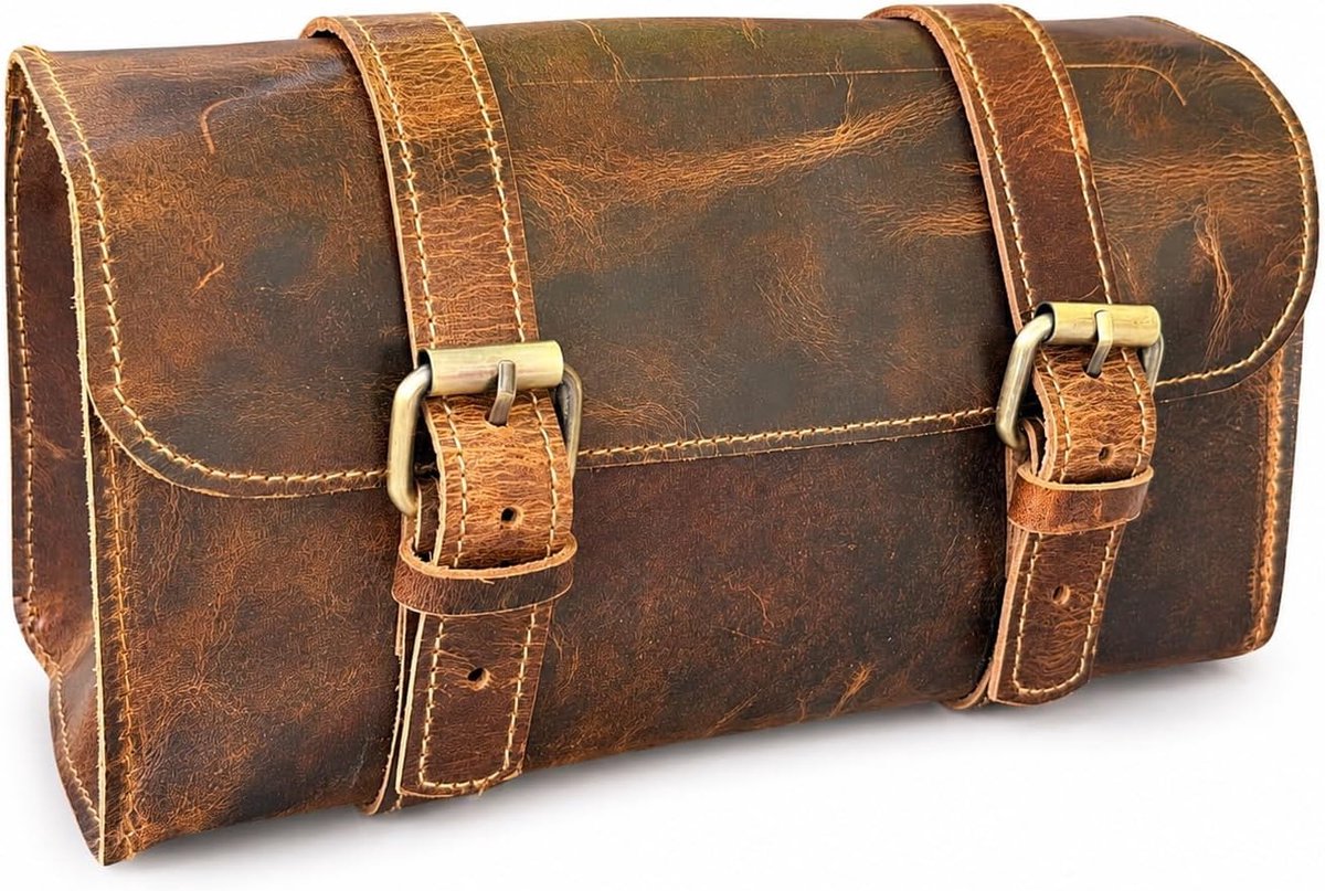 SnelShoppen - American Blue Vintage Motortas van Echt Geitenleer met 2-Riemen en Gespsluiting, Bruine Verstevigde Gereedschapstas voor Stuur en Vork,