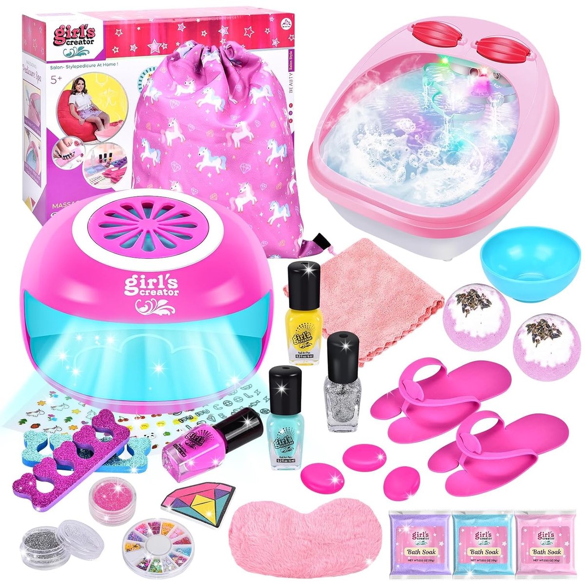 SnelShoppen - Nagelstudio voor Kinderen, Meisjes, Voetbad met Hydromassage, DIY Nagelkunst Set voor Kinderen 6-9 Jaar, Spa Cadeau voor Feesten en Verj