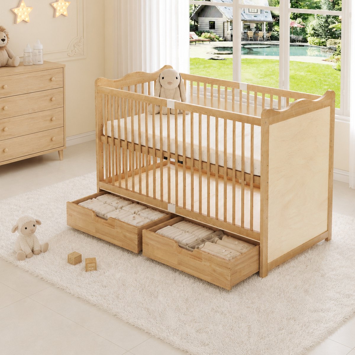 MODENUIT Babybed – Verstelbare Lattenbodem 2 Lades – 70 x 140 cm – Hout – Naturel – Kinderkamer – Wavend Hoofdeinde Natuurlijk