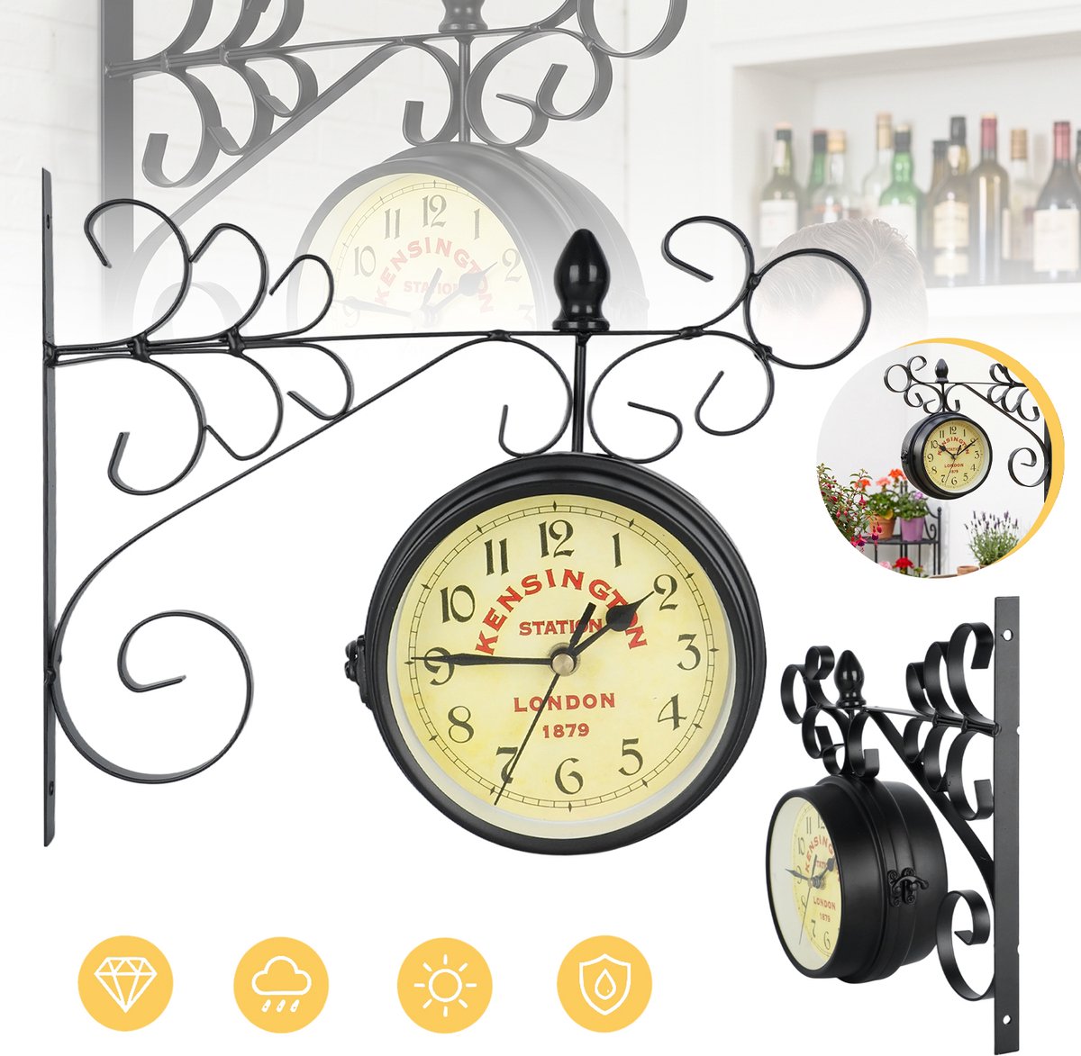Vintage Wandklok Met Smeedijzeren Standaard – Stil Uurwerk En Verweerde Wijzerplaat – 360° Afleesbaar – Britse Retrostijl Voor Terras, Tuin En Bar – Zwart