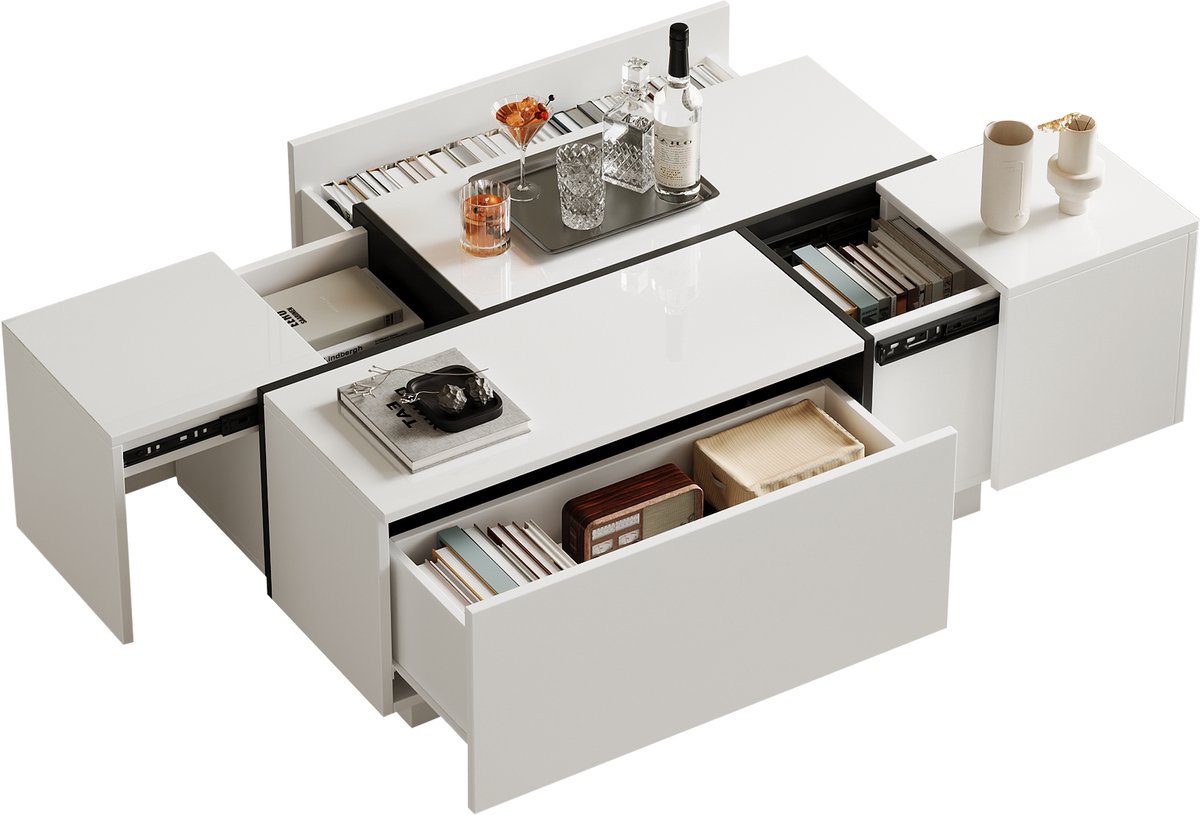 MUVANO Moderne salontafel - Salontafel met 4 lades - Hoogglans wit zwart - Rechthoekige tafel - 100x60x40 cm - Opbergen - Woonkamer Wit Zwart